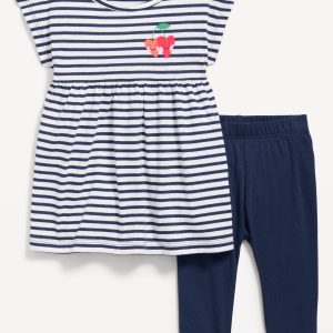 Printed Short-Sleeve Dress and Leggings Set for Baby