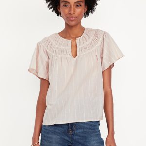 Shirred Flutter-Sleeve Top