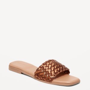 Faux-Leather Woven Slide Sandals