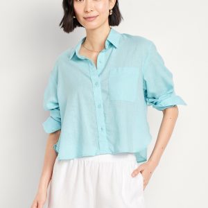 Linen-Blend Button-Down Crop Shirt