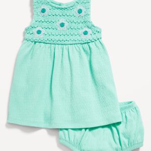 Sleeveless Crochet-Panel Dress and Shorts Set for Baby