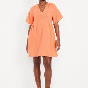 Split-Neck Crinkle Gauze Mini Swing Dress