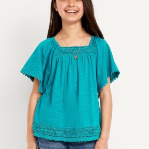 Short Flutter-Sleeve Crochet-Trim Top for Girls