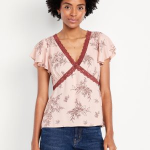 Lace-Trim V-Neck Crepe Top