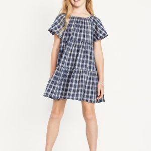 Printed Flutter-Sleeve Double-Weave Tiered Swing Dress for Girls