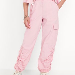 High-Waisted Side Ruched Cargo Parachute Joggers for Girls